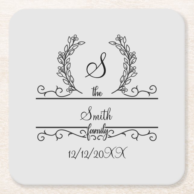Monogrammed Personalized Family Name Script leaves Square Paper Coaster (Front)