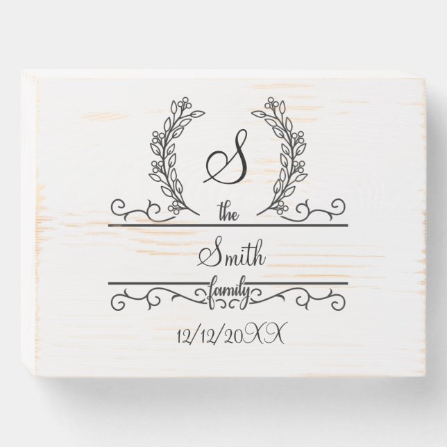 Monogrammed Personalized Family Name Script Leaves Wooden Box Sign (Front Horizontal)