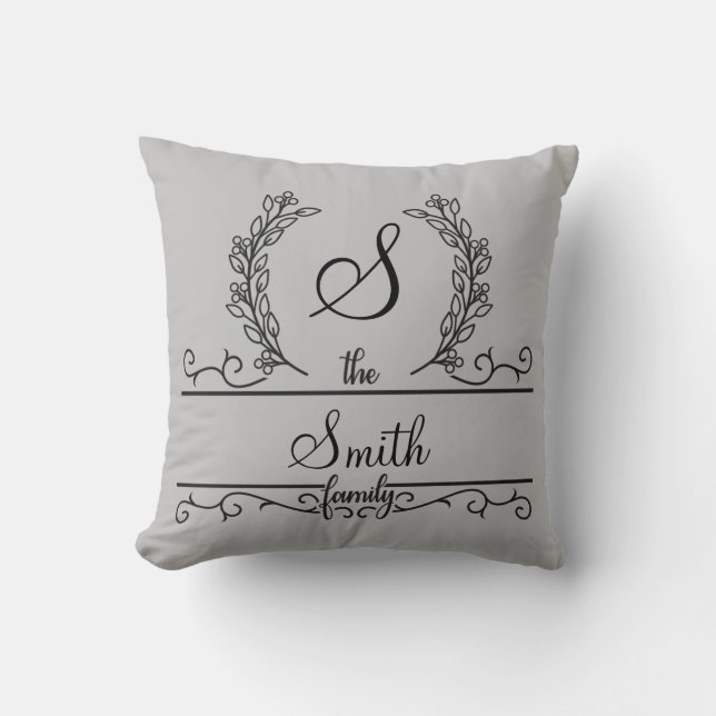 Monogrammed Personalized Family Name Throw Pillow (Front)