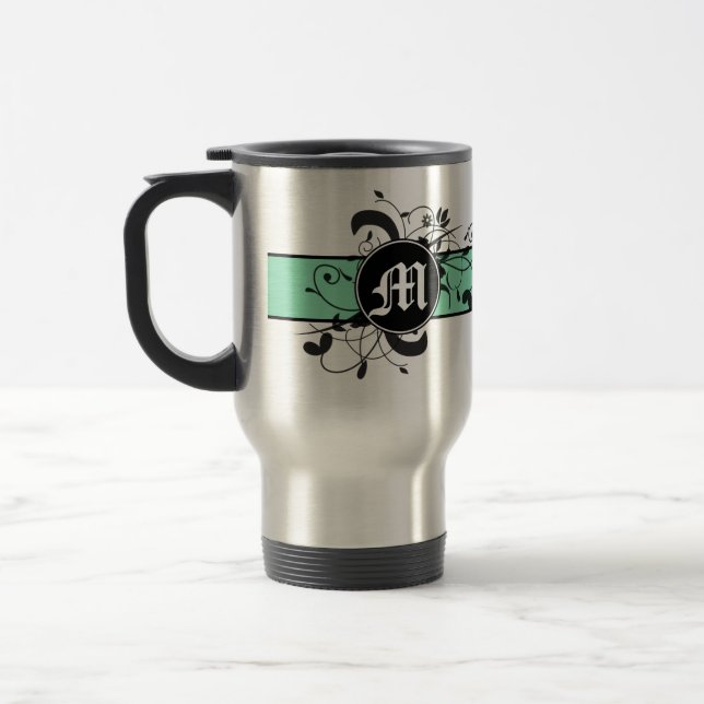 Monogrammed Personalized Fancy Flourish Travel Mug (Left)