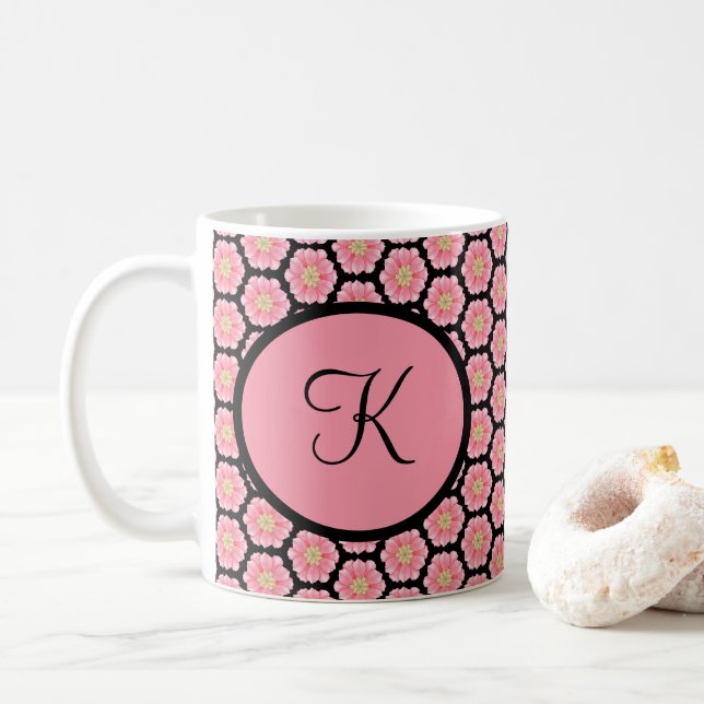 Monogrammed personalized Pink and Black Floral Coffee Mug (With Donut)