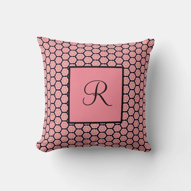 Monogrammed personalized Pink Flowers Throw Pillow (Front)