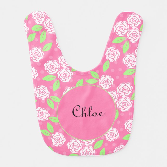 Monogrammed Personalized Shabby Chic Pink Floral Baby Bib (Front)