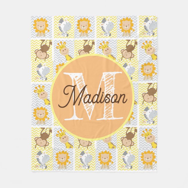 Monogrammed personalized zoo animal fleece blanket (Front)