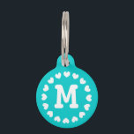 Monogrammed pet tag with hearts for dogs and cats<br><div class="desc">Personalized monogram pet tag with hearts for dogs and cats. Customizable colored label with pet name and phone number. Simple way to retrieve your animal pet. Turquoise blue color design. Small and large.</div>