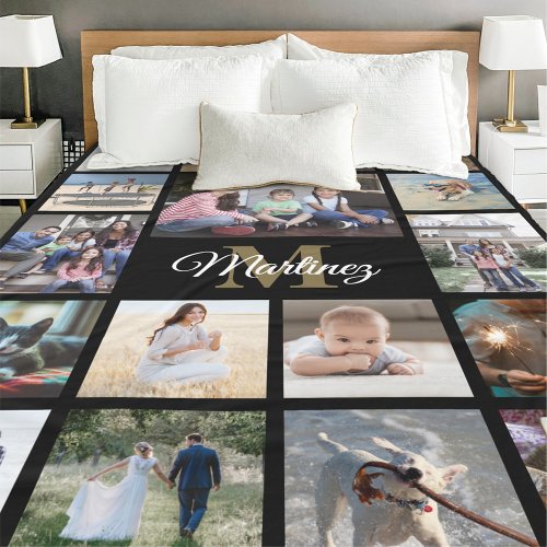 Monogrammed Photo Collage Black White and Gold Fleece Blanket