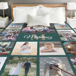 Monogrammed Photo Collage Elegant Green and Gold Fleece Blanket