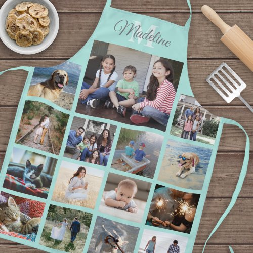 Monogrammed Photo Collage Grid Pattern Teal Blue Apron