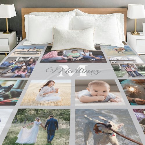 Monogrammed Photo Collage Modern Gray and White Fleece Blanket