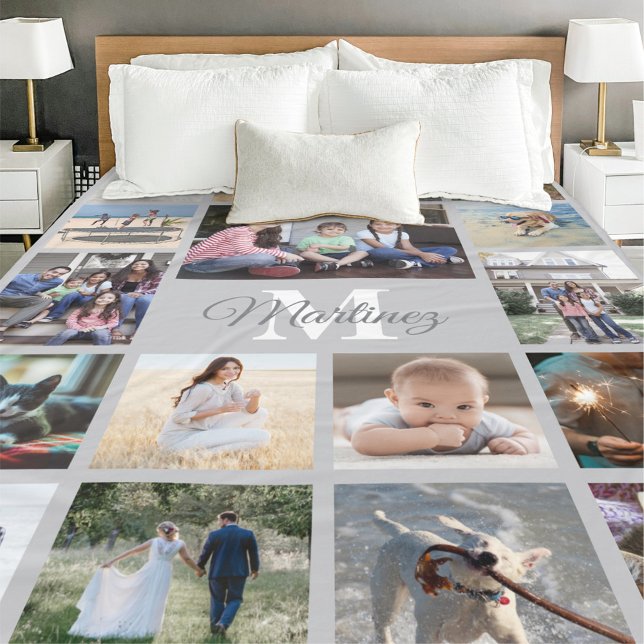 Monogrammed Photo Collage Modern Gray and White Fleece Blanket (Creator Uploaded)