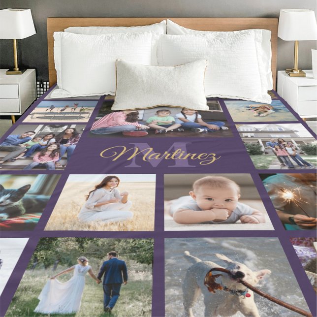 Monogrammed Photo Collage Purple and Gold Script Fleece Blanket (Creator Uploaded)