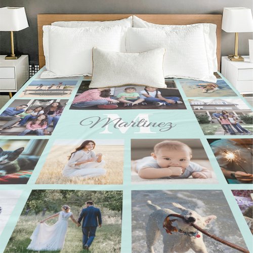 Monogrammed Photo Collage Teal Blue  Gray Script Fleece Blanket