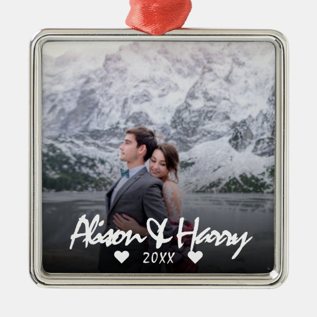 Monogrammed photo Elegant white calligraphy weddin Metal Ornament (Front)