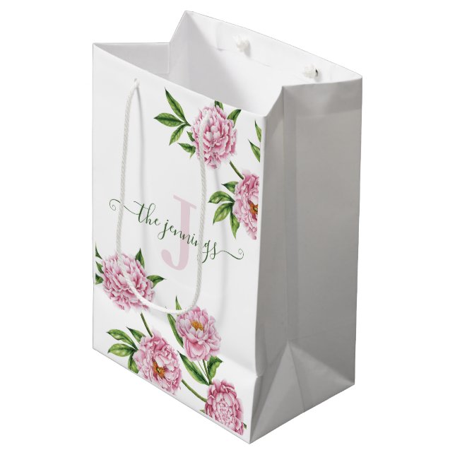Monogrammed Photo Watercolor Pink Peony Gift Bag (Front Angled)