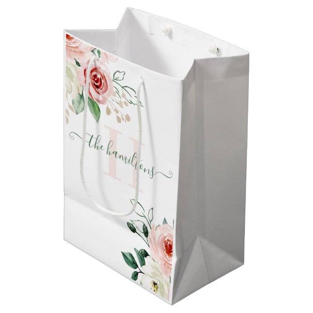 Monogrammed Photo Watercolor Pink Rose Gift Bag (Front Angled)
