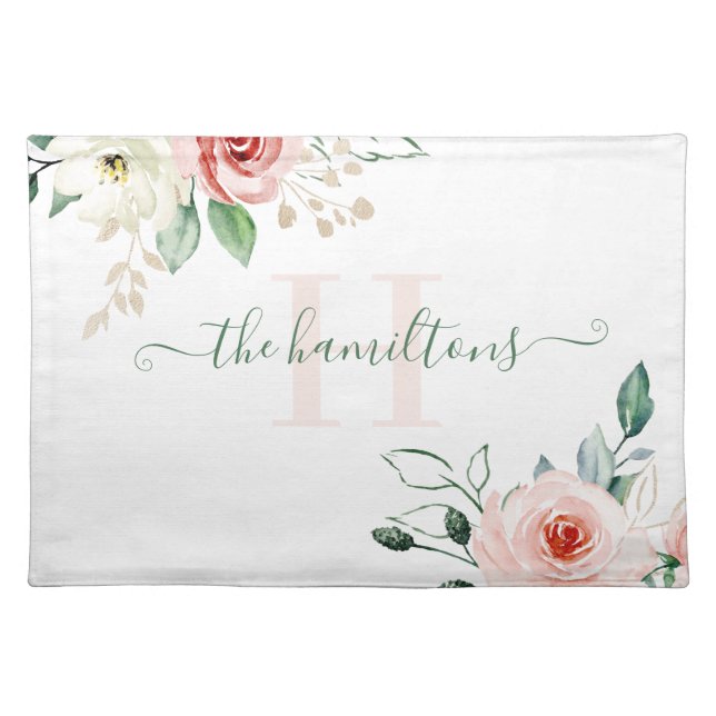 Monogrammed Photo Watercolor Pink Rose Placemat (Front)