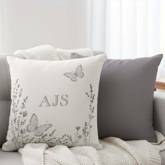 Monogrammed Pillow – Elegant Botanical Butterflies (Minimalist wildflower monogram pillow)