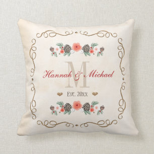 Monogrammed Pine Cone Christmas Wedding Year Throw Pillow