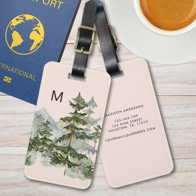 Monogrammed Pine Forest and Mountain Luggage Tag (In situ)