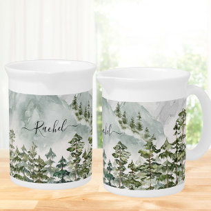 Monogrammed Pine Forest and Mountains Beverage Pitcher