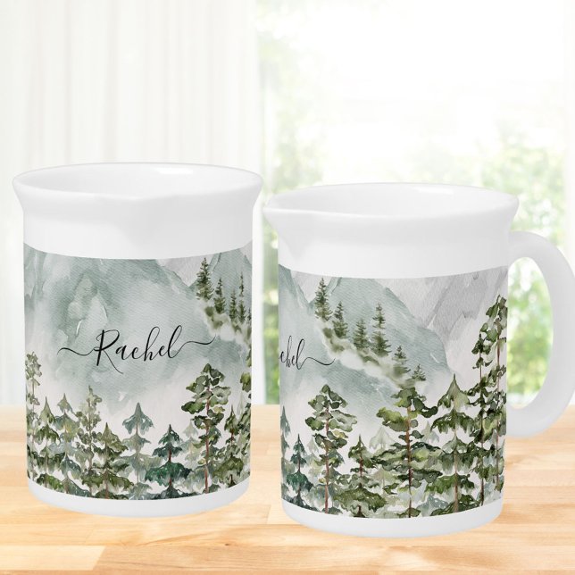 Monogrammed Pine Forest and Mountains Beverage Pitcher (Close up)