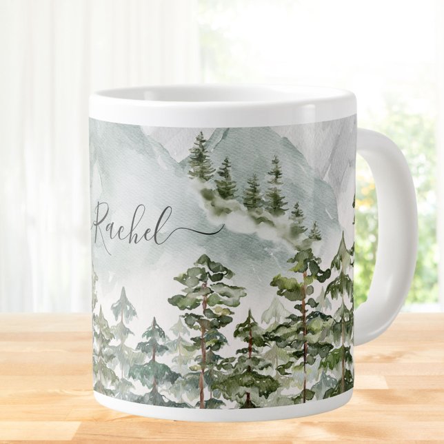 Monogrammed Pine Forest and Mountains Giant Coffee Mug (Close up)