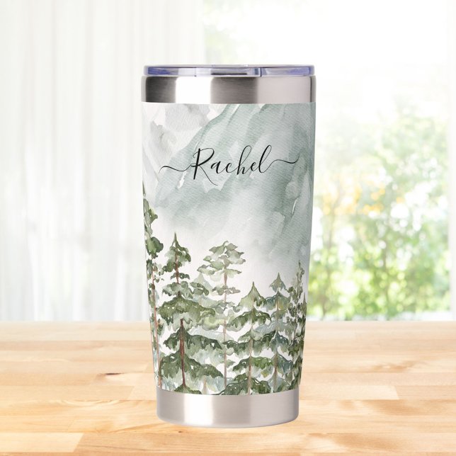 Monogrammed Pine Forest and Mountains Insulated Tumbler (In situ)