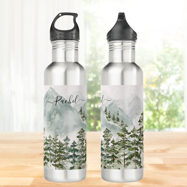 Monogrammed Pine Forest and Mountains Stainless Steel Water Bottle (Close up)