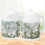 Monogrammed Pine Forest and Mountains Teapot<br><div class="desc">Elevate your beverage-drinking experience with our Pine Forest and Mountains Watercolor beverage teapot. Featuring a watercolor illustrations of pine forests and mountains. Suitable for nature and adventure lovers.</div>