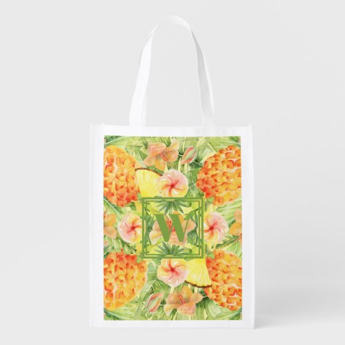 Monogrammed Pineapple Flowers Grocery Bag