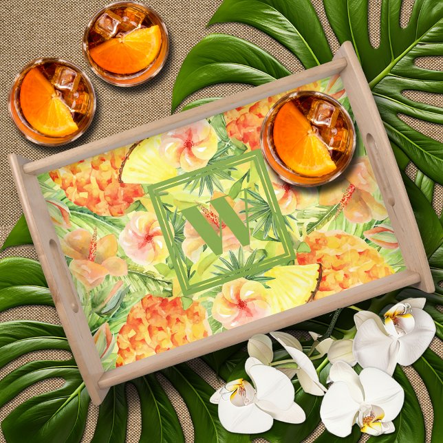 Monogrammed Pineapples Greenery Serving Tray (Monogrammed pineapples, flowers and greenery serving tray)