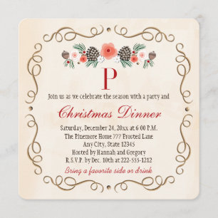 MONOGRAMMED PINECONE LAUREL CHRISTMAS DINNER PARTY INVITATION