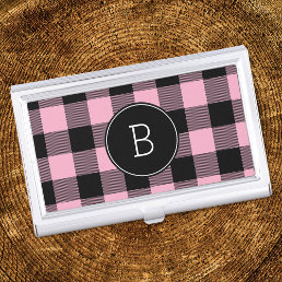 Monogrammed Pink and Black Buffalo Plaid Business Card Case