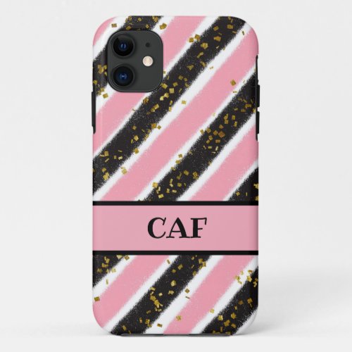 Monogrammed Pink and Black Stripes Gold Glitter  iPhone 11 Case