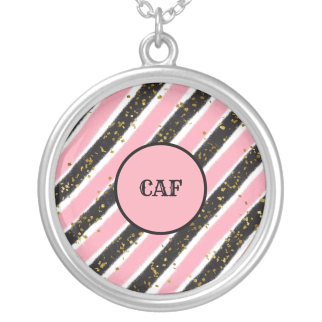 Monogrammed Pink and Black Stripes Gold Glitter Silver Plated Necklace (Front)