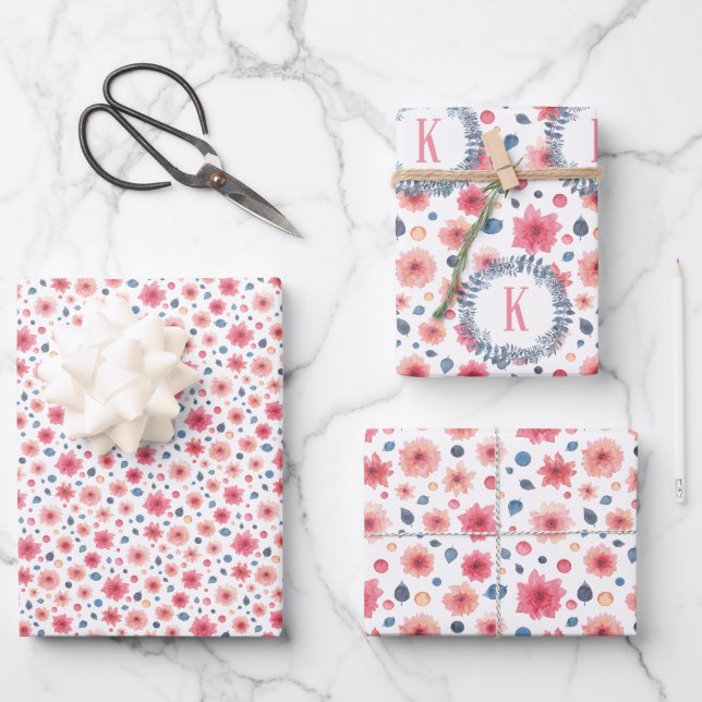 Monogrammed Pink and Blue Floral Wrapping Paper Sheets (Front)