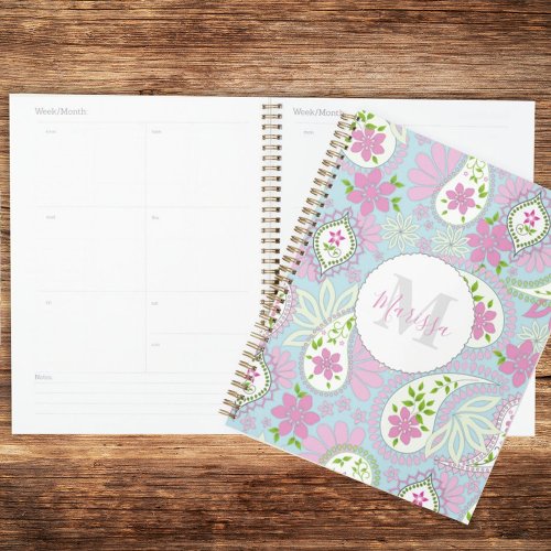 Monogrammed Pink and Blue Paisley Custom Planner