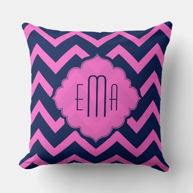 Monogrammed Pink And Blue Zigzag Chevron Throw Pillow (Front)