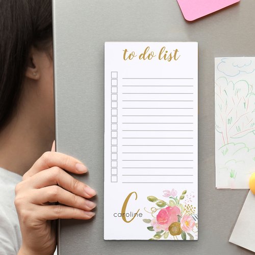 Monogrammed Pink and Gold Flowers To Do List Magnetic Notepad
