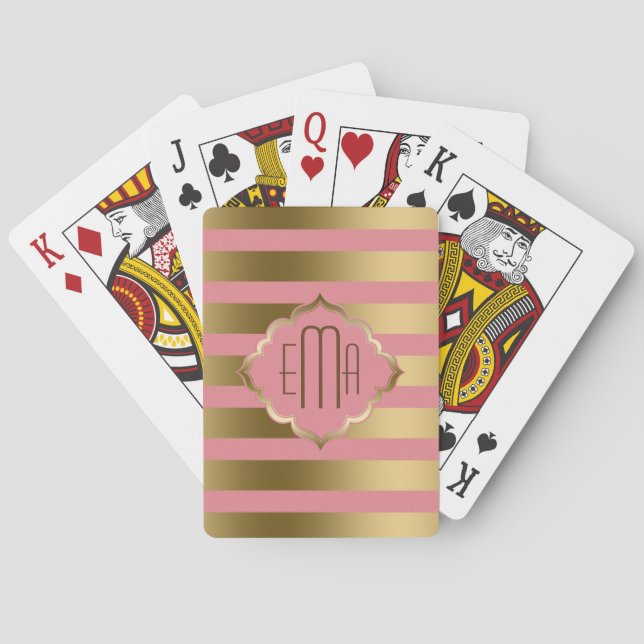 Monogrammed Pink And Gold Geometric Stripes Poker Cards (Back)