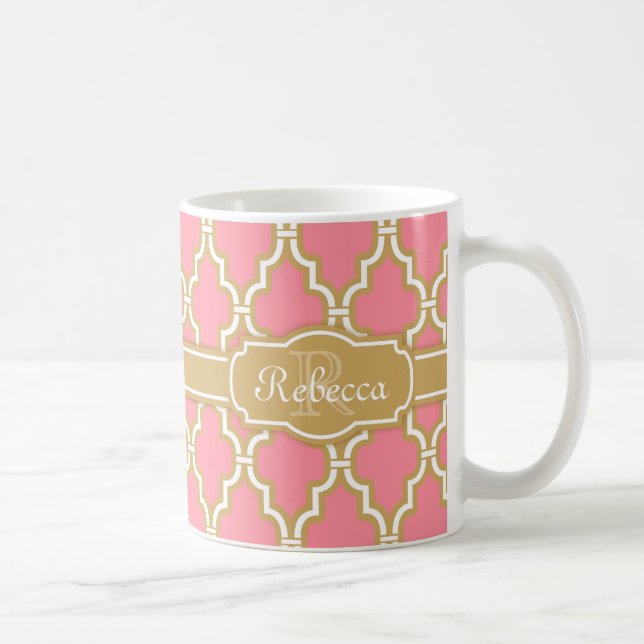 Monogrammed Pink and Gold Lattice Pattern Coffee Mug (Right)