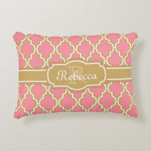 Monogrammed Pink and Gold Lattice Pattern Decorative Pillow