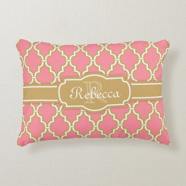 Monogrammed Pink and Gold Lattice Pattern Decorative Pillow (Front)