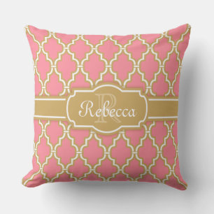 Monogrammed Pink and Gold Lattice Pattern Throw Pillow