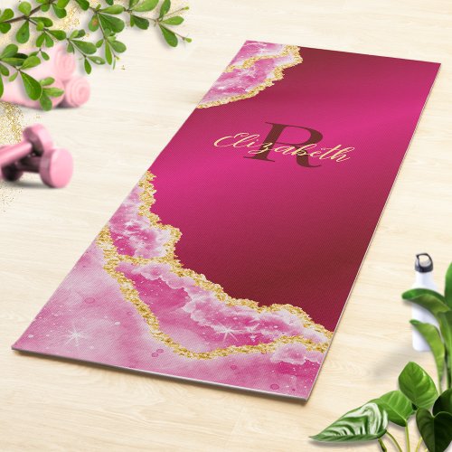 Monogrammed Pink and Gold Marble Agate Yoga Mat