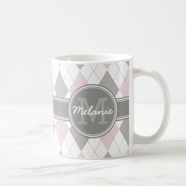 Monogrammed Pink and Gray Argyle Pattern Coffee Mug (Right)