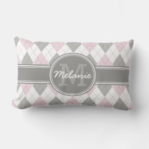 Monogrammed Pink and Gray Argyle Pattern Lumbar Pillow