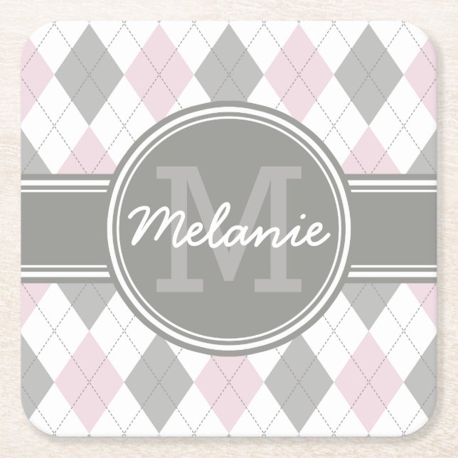 Monogrammed Pink and Gray Argyle Pattern Square Paper Coaster (Front)