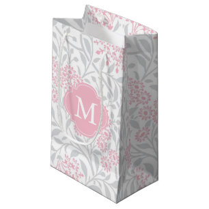Monogrammed Pink and Gray Floral Damask Pattern Small Gift Bag