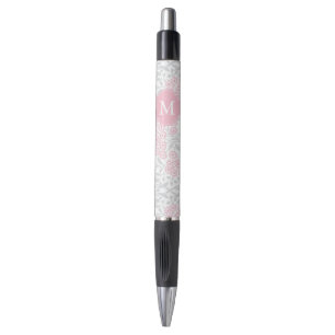 Monogrammed Pink and Gray Floral Damask Pen